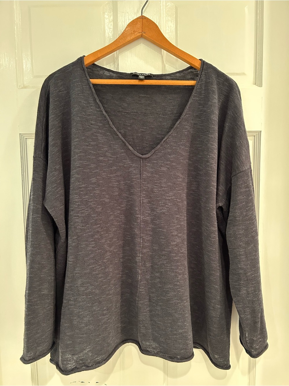 Eileen Fisher Women's V-Neck Sweater Charcoal Cotton Linen L-XL